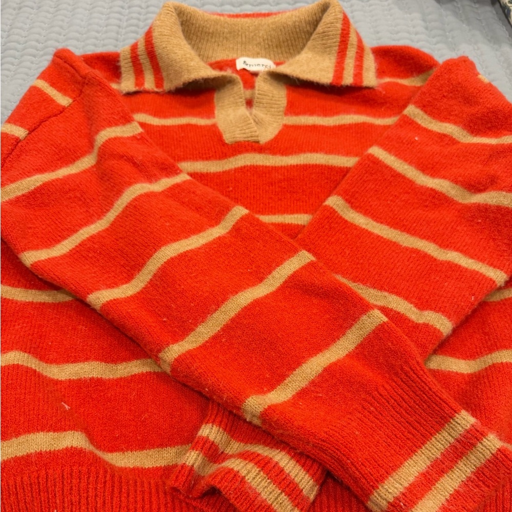 Vibrant Red and Tan Striped V-Neck Sweater